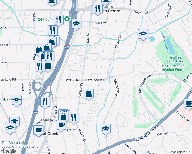 map of restaurants, bars, coffee shops, grocery stores, and more near 1300 Walden Road in Walnut Creek