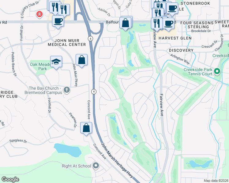 map of restaurants, bars, coffee shops, grocery stores, and more near 452 Tayberry Lane in Brentwood