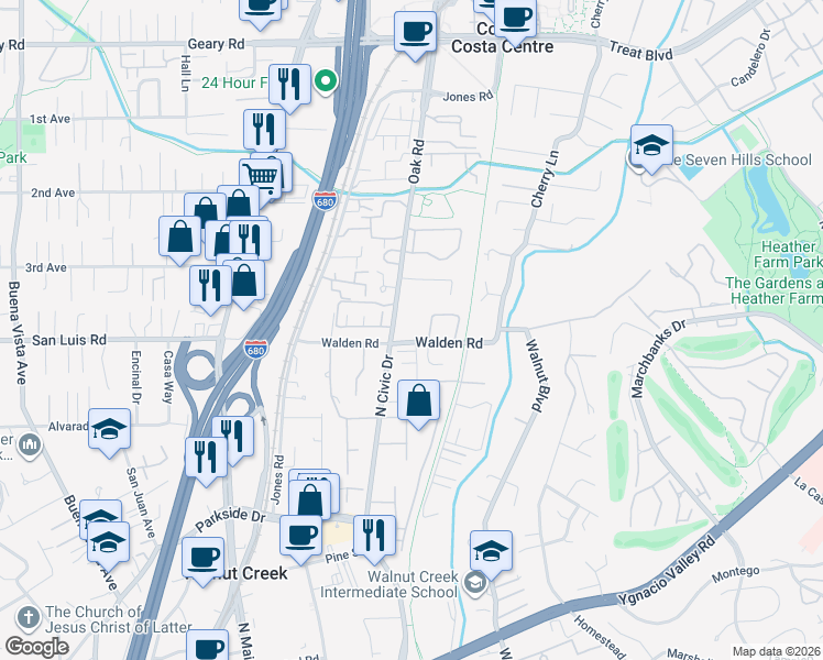 map of restaurants, bars, coffee shops, grocery stores, and more near 10 Joann Court in Walnut Creek