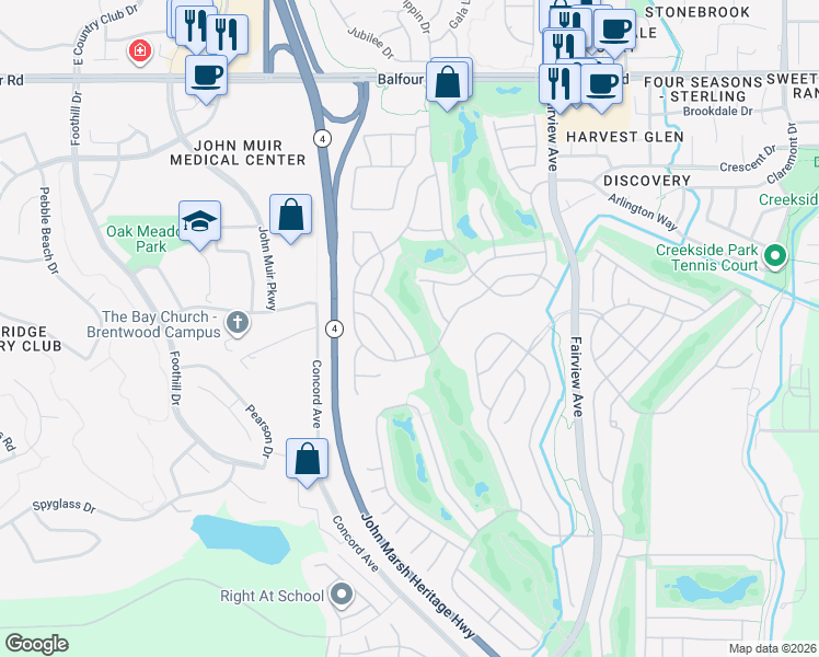 map of restaurants, bars, coffee shops, grocery stores, and more near 452 Tayberry Lane in Brentwood