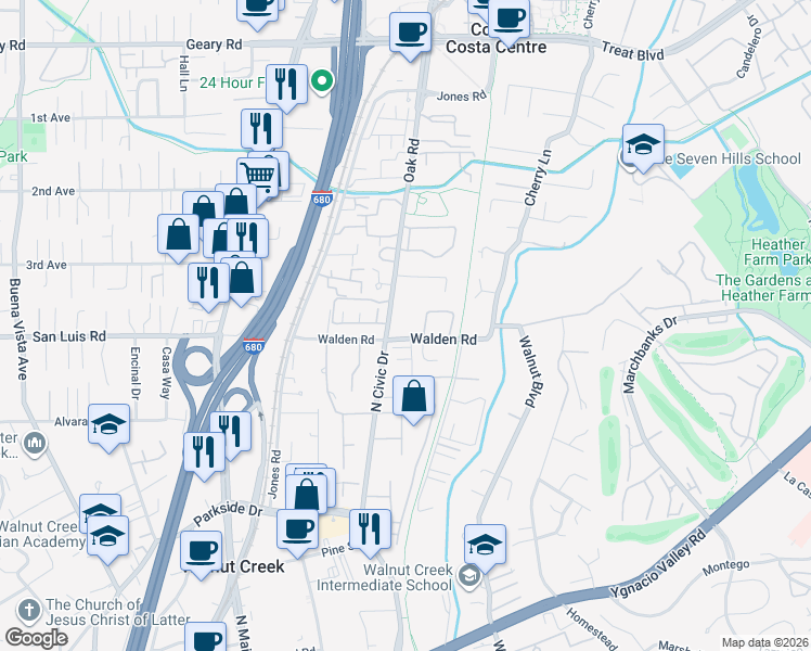 map of restaurants, bars, coffee shops, grocery stores, and more near 1308 Walden Road in Walnut Creek