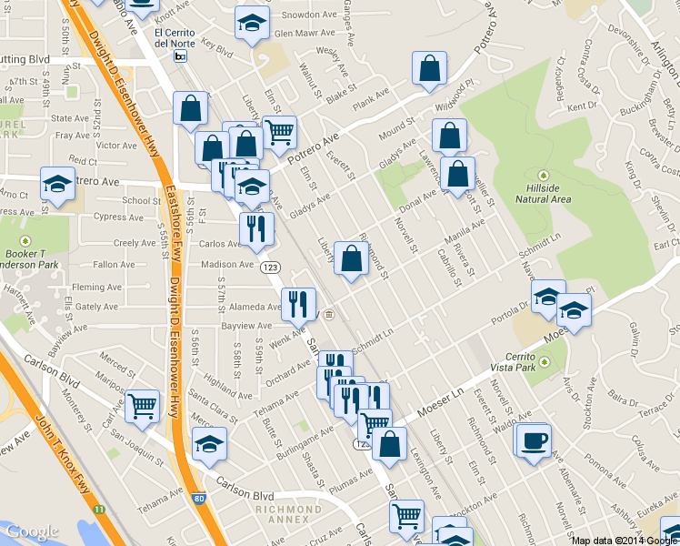 map of restaurants, bars, coffee shops, grocery stores, and more near 1317 Liberty Street in El Cerrito
