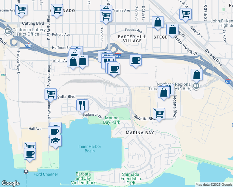 map of restaurants, bars, coffee shops, grocery stores, and more near 2606 Bayfront Court in Richmond
