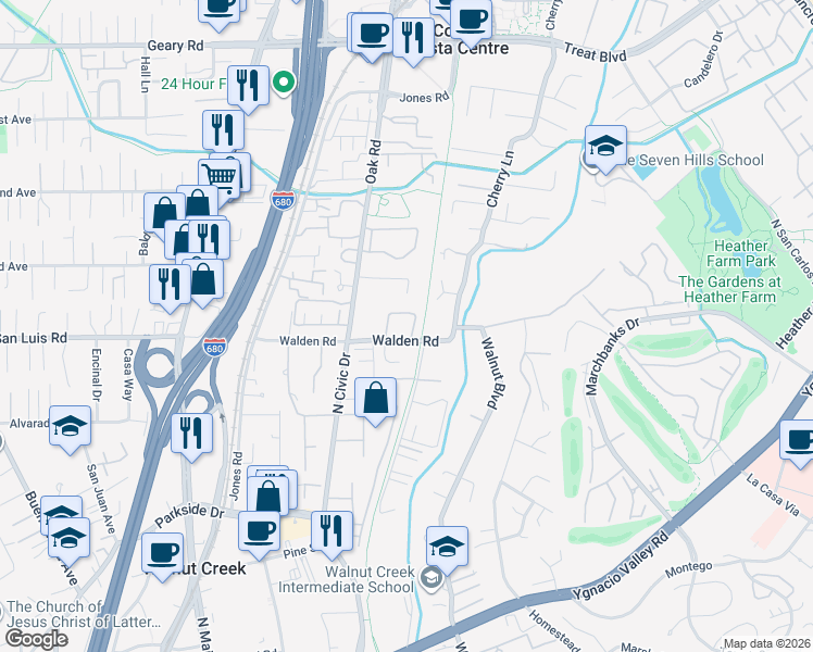map of restaurants, bars, coffee shops, grocery stores, and more near 1300 Walden Road in Walnut Creek