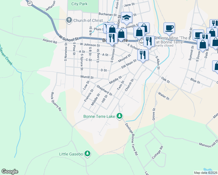 map of restaurants, bars, coffee shops, grocery stores, and more near 113 Shephard Street in Bonne Terre