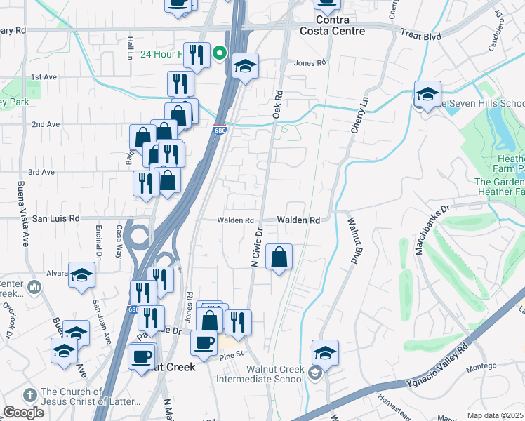 map of restaurants, bars, coffee shops, grocery stores, and more near Oak Road & El Paseo Circle in Contra Costa Centre