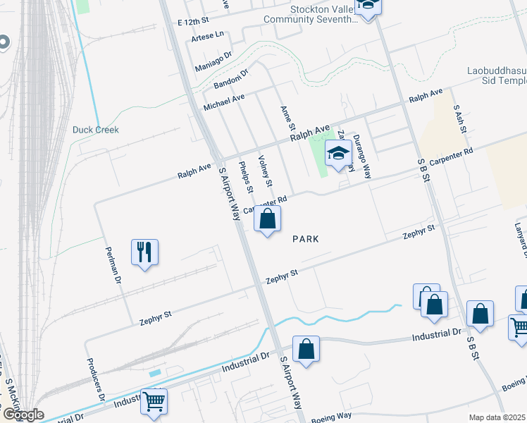 map of restaurants, bars, coffee shops, grocery stores, and more near 3506 South Airport Way in Stockton