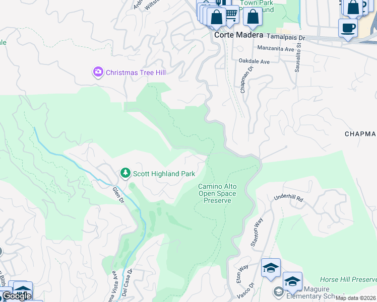 map of restaurants, bars, coffee shops, grocery stores, and more near 38 Sandy Lane in Mill Valley