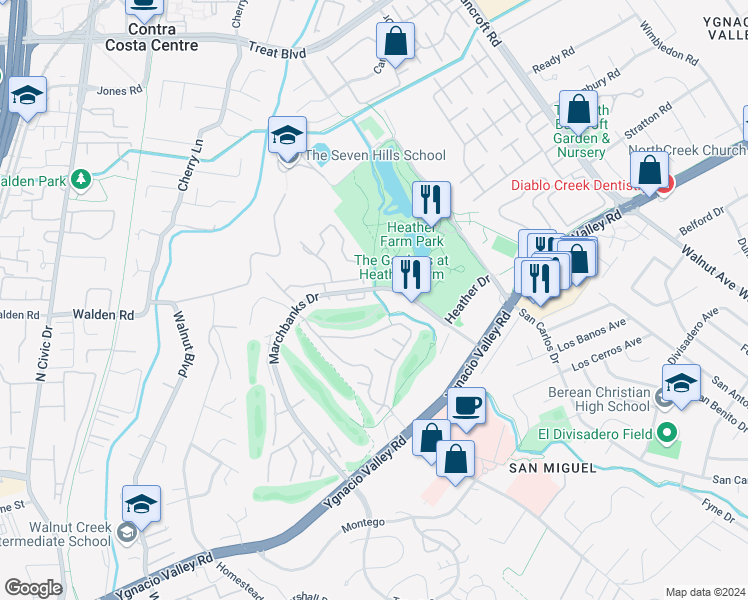 map of restaurants, bars, coffee shops, grocery stores, and more near 141 Sand Wedge Place in Walnut Creek