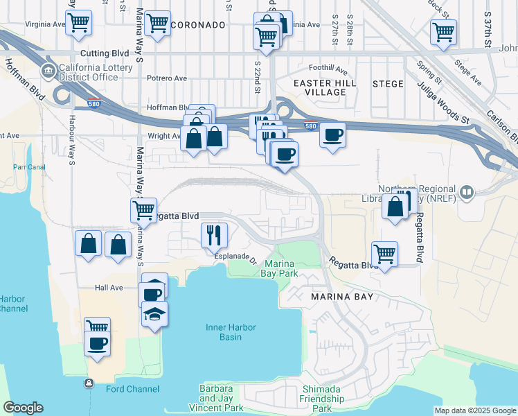 map of restaurants, bars, coffee shops, grocery stores, and more near 201 Jetty Drive in Richmond