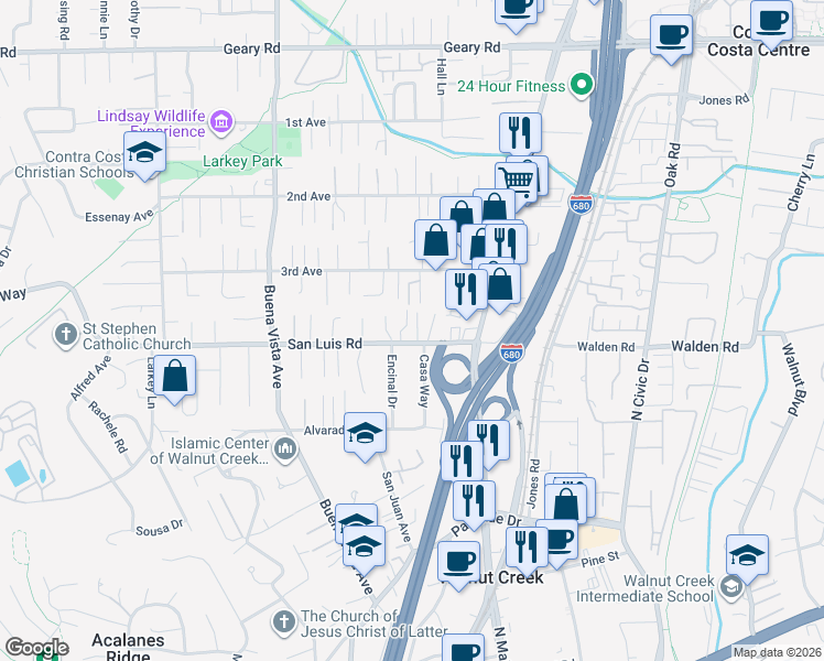 map of restaurants, bars, coffee shops, grocery stores, and more near 2488 Encinal Drive in Walnut Creek