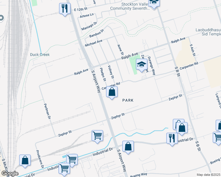 map of restaurants, bars, coffee shops, grocery stores, and more near 3506 South Airport Way in Stockton
