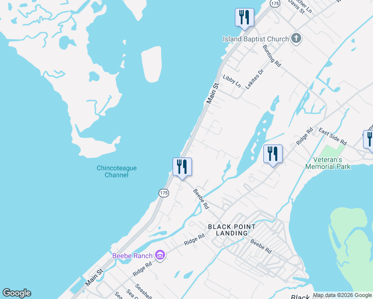 map of restaurants, bars, coffee shops, grocery stores, and more near 3240 Main St in Chincoteague Island