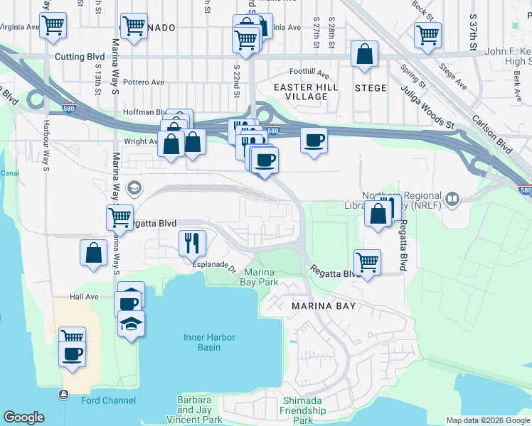 map of restaurants, bars, coffee shops, grocery stores, and more near 2304 Dolphin Drive in Richmond