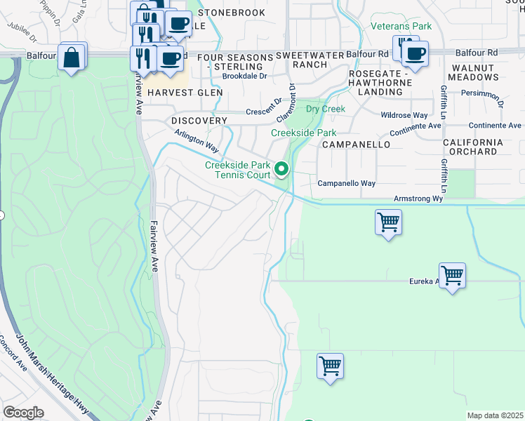 map of restaurants, bars, coffee shops, grocery stores, and more near 599 Pomona Drive in Brentwood