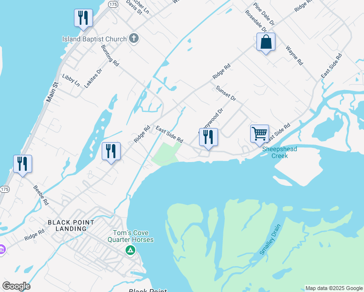 map of restaurants, bars, coffee shops, grocery stores, and more near 7470 Memorial Park Drive in Chincoteague Island