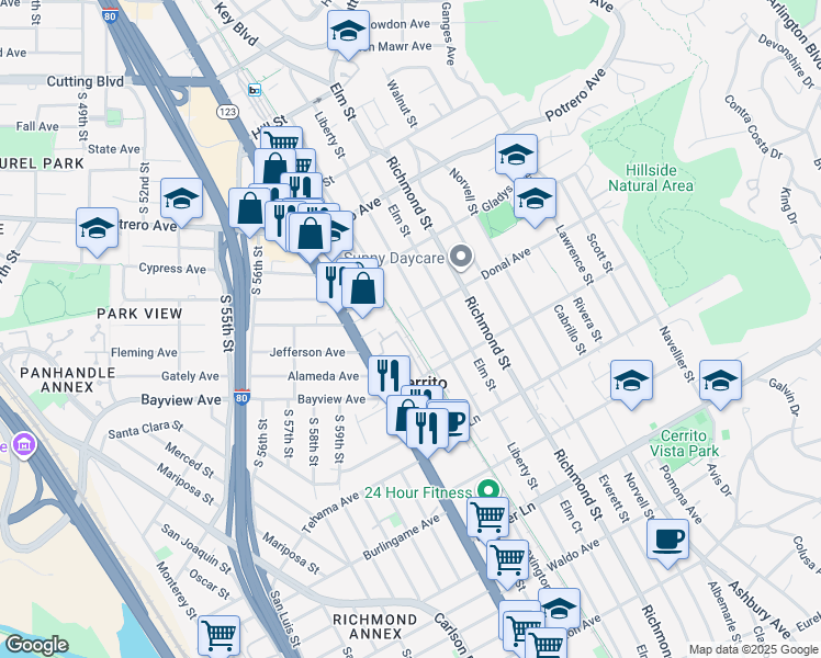 map of restaurants, bars, coffee shops, grocery stores, and more near 6500 Donal Avenue in El Cerrito