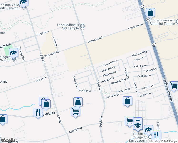map of restaurants, bars, coffee shops, grocery stores, and more near 3763 Pock Lane in Stockton