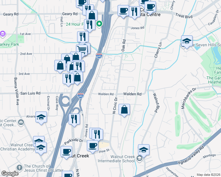 map of restaurants, bars, coffee shops, grocery stores, and more near 265 Kingston Way in Walnut Creek