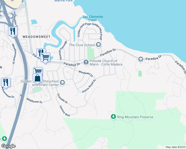 map of restaurants, bars, coffee shops, grocery stores, and more near 5 Verona Place in Corte Madera