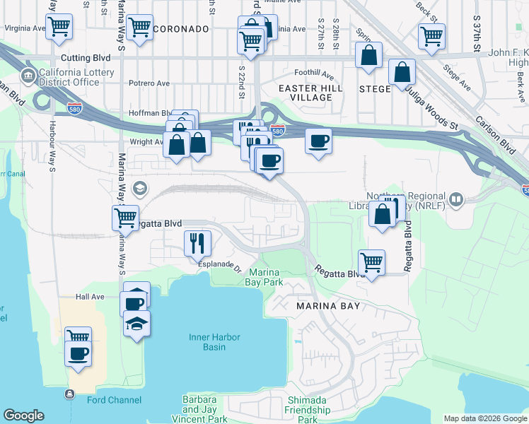 map of restaurants, bars, coffee shops, grocery stores, and more near 1501 Jetty Drive in Richmond
