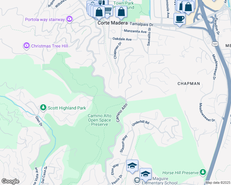 map of restaurants, bars, coffee shops, grocery stores, and more near 499 Montecito Drive in Corte Madera