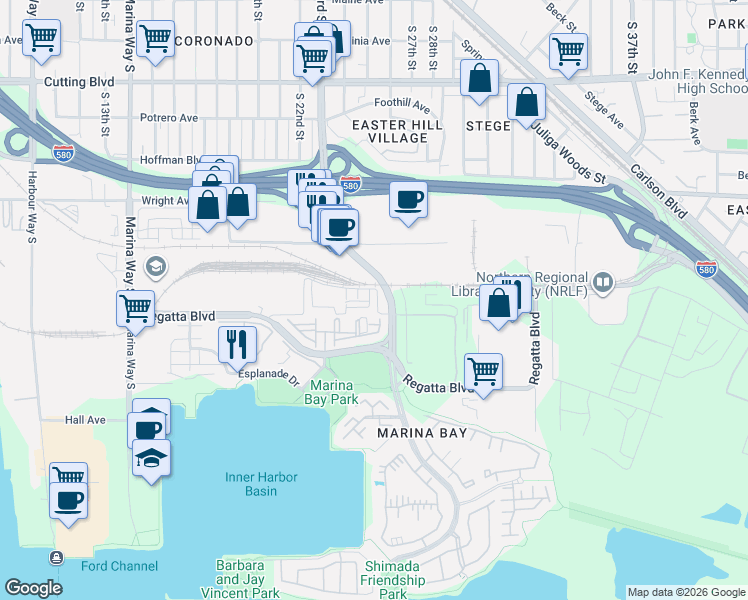 map of restaurants, bars, coffee shops, grocery stores, and more near 865 Marina Bay Parkway in Richmond