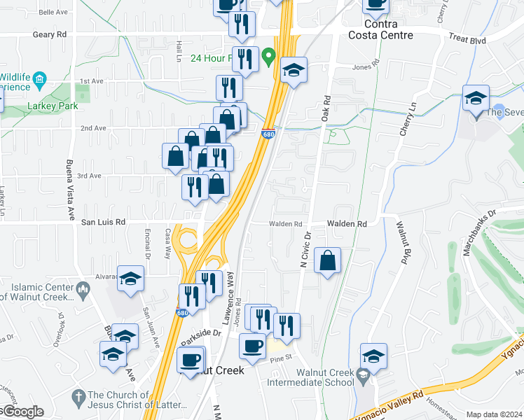 map of restaurants, bars, coffee shops, grocery stores, and more near 2524 Jones Road in Walnut Creek
