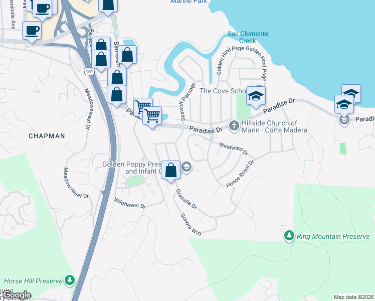 map of restaurants, bars, coffee shops, grocery stores, and more near 52 Mariner Green Drive in Corte Madera