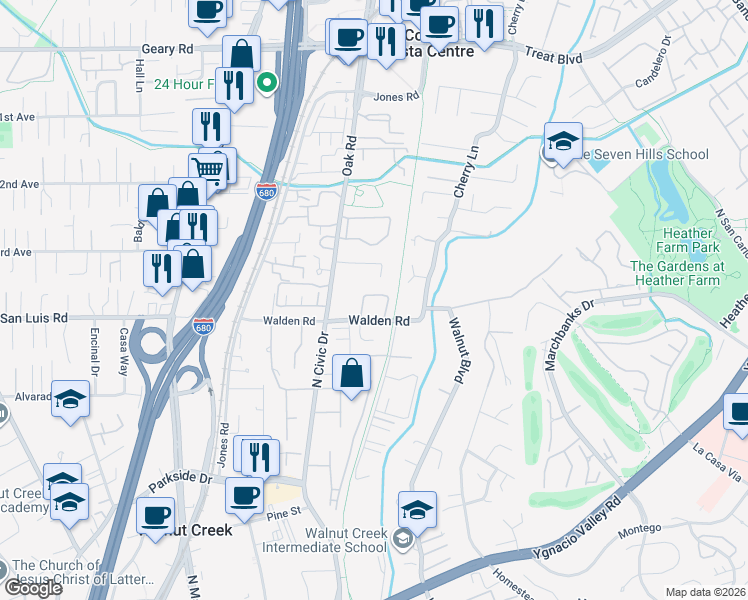 map of restaurants, bars, coffee shops, grocery stores, and more near 1304 Walden Road in Walnut Creek