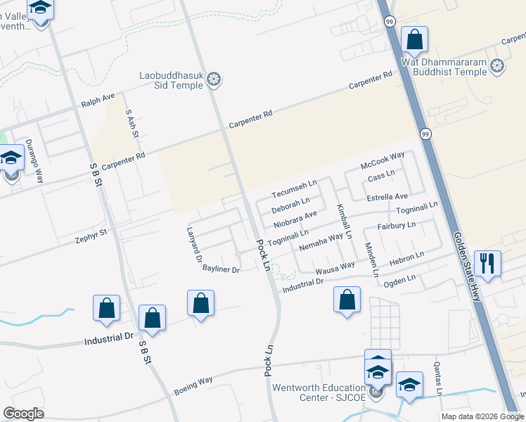 map of restaurants, bars, coffee shops, grocery stores, and more near 2572 Tecumseh Lane in Stockton
