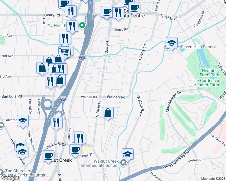 map of restaurants, bars, coffee shops, grocery stores, and more near 2550 Oak Road in Walnut Creek