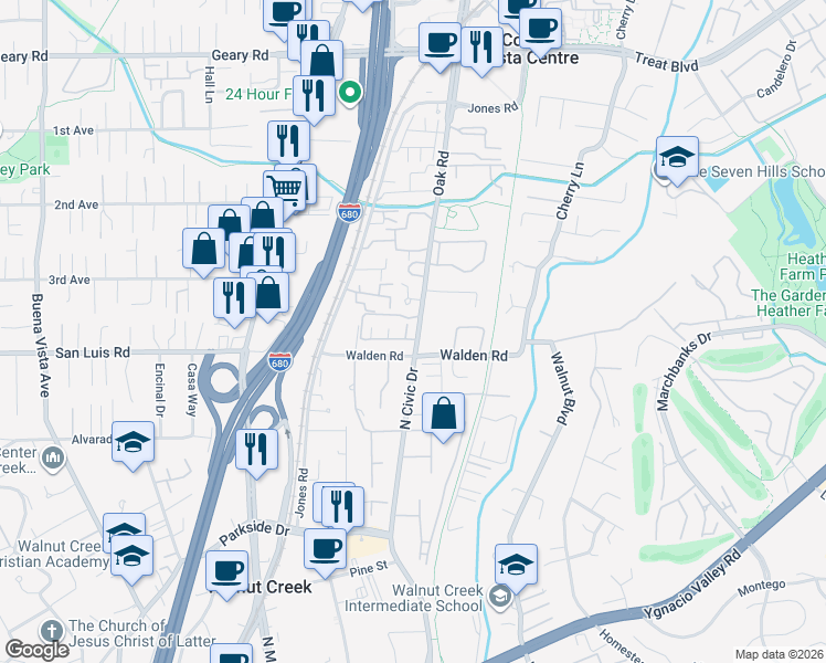 map of restaurants, bars, coffee shops, grocery stores, and more near 265 Kingston Way in Walnut Creek
