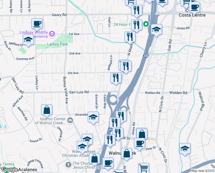 map of restaurants, bars, coffee shops, grocery stores, and more near 1575 3rd Avenue in Walnut Creek