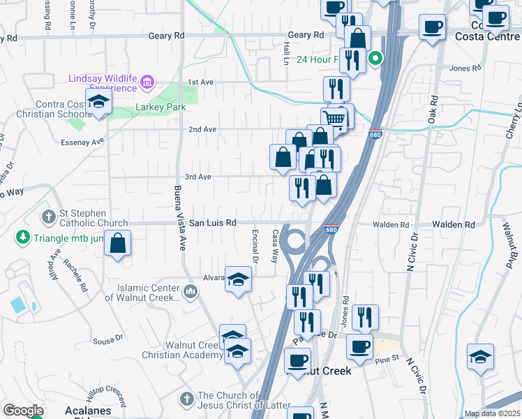map of restaurants, bars, coffee shops, grocery stores, and more near 664 Charleston Court in Walnut Creek