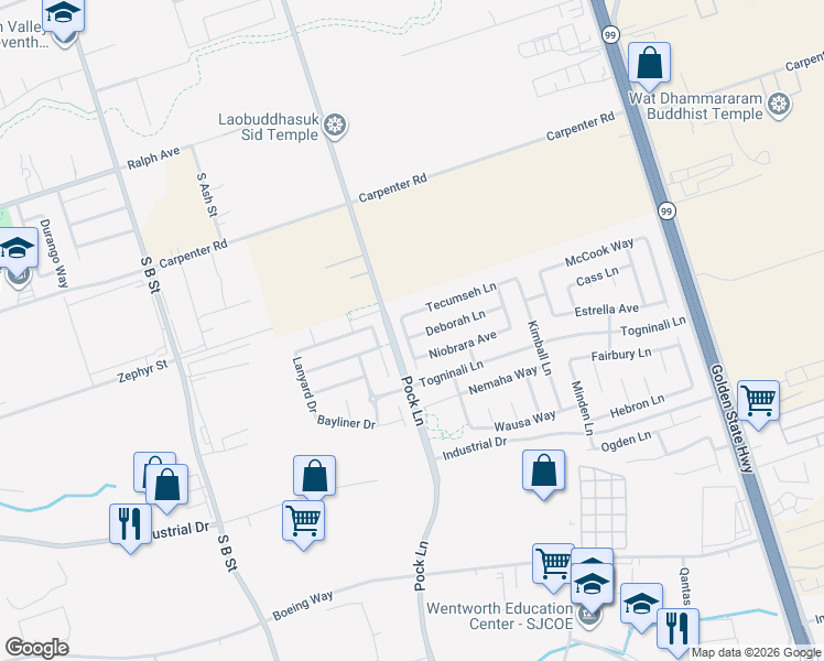 map of restaurants, bars, coffee shops, grocery stores, and more near 2572 Tecumseh Lane in Stockton