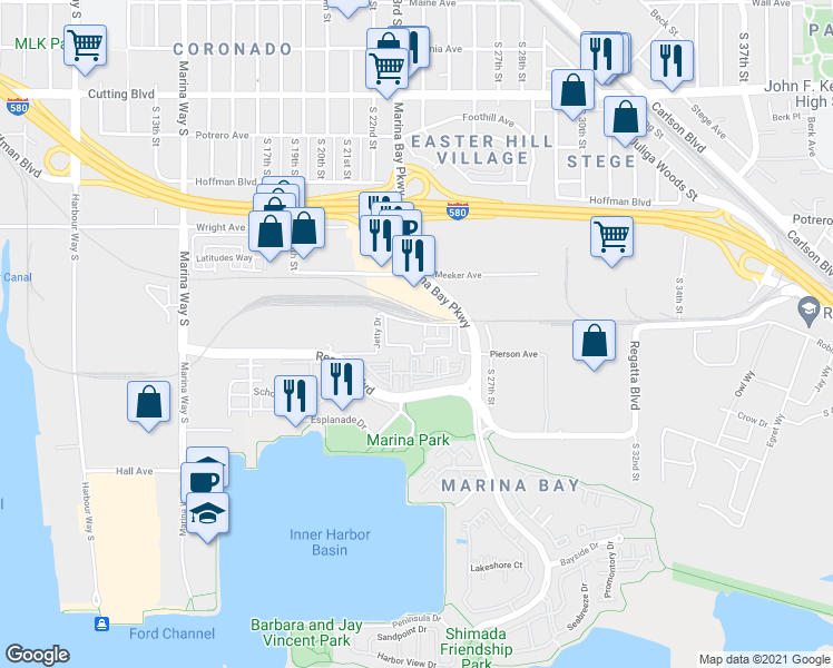 map of restaurants, bars, coffee shops, grocery stores, and more near 2005 Jetty Drive in Richmond