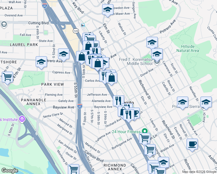 map of restaurants, bars, coffee shops, grocery stores, and more near San Pablo Avenue & Madison Avenue in El Cerrito