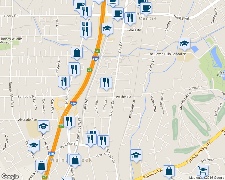 map of restaurants, bars, coffee shops, grocery stores, and more near 2545 Oak Road in Walnut Creek