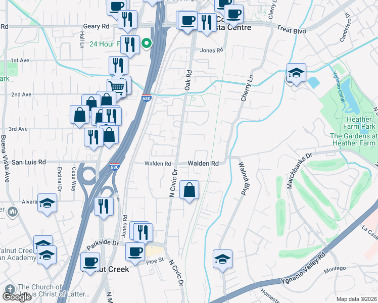 map of restaurants, bars, coffee shops, grocery stores, and more near 2550 Oak Road in Walnut Creek