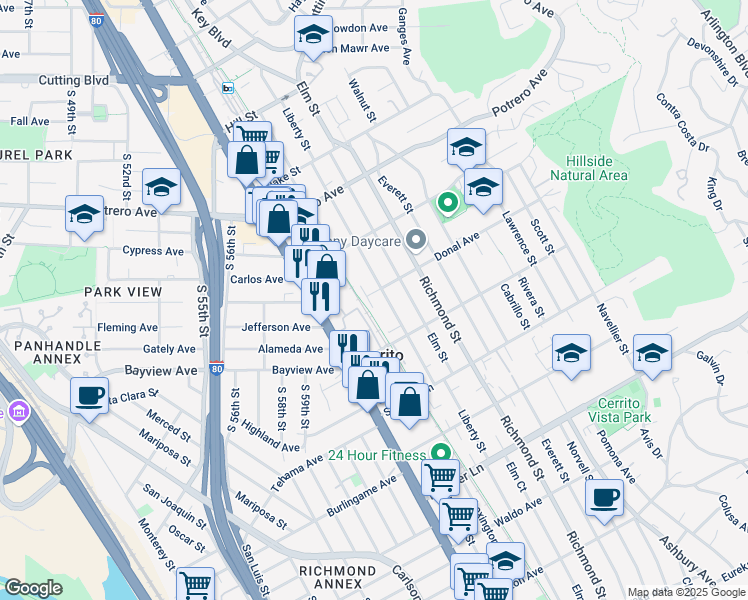 map of restaurants, bars, coffee shops, grocery stores, and more near in El Cerrito