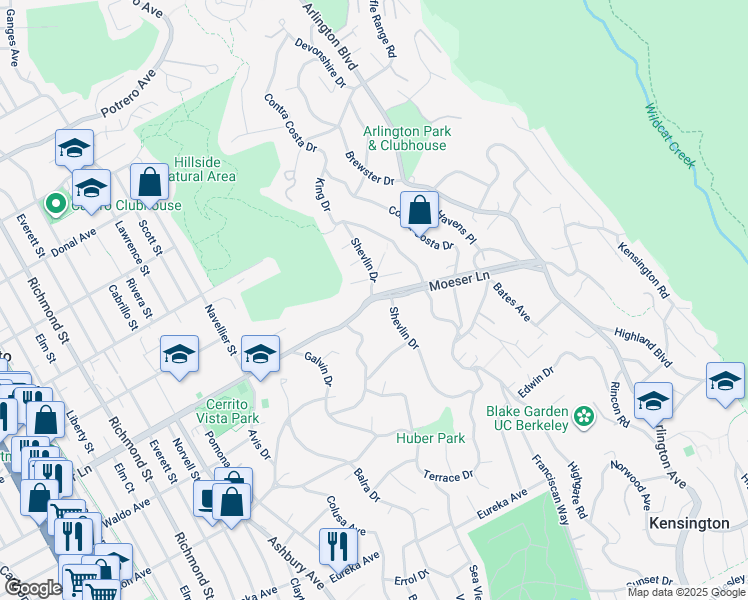 map of restaurants, bars, coffee shops, grocery stores, and more near Moeser Lane & Shevlin Drive in El Cerrito