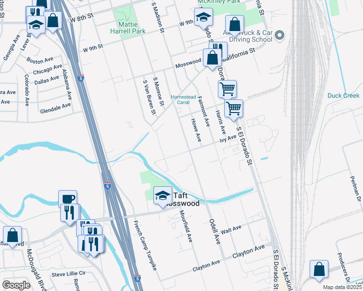 map of restaurants, bars, coffee shops, grocery stores, and more near 3009 Odell Avenue in Stockton