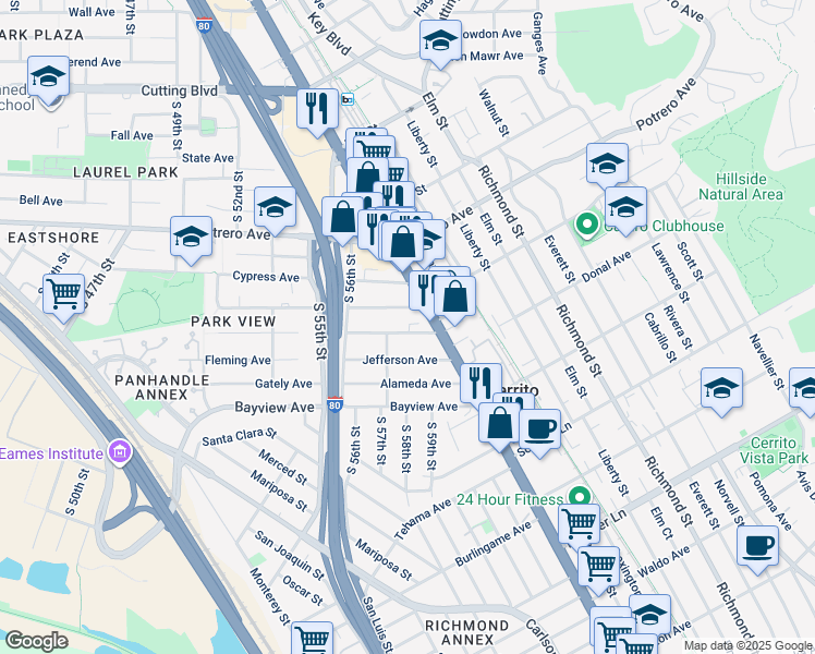 map of restaurants, bars, coffee shops, grocery stores, and more near 5801 Madison Avenue in Richmond