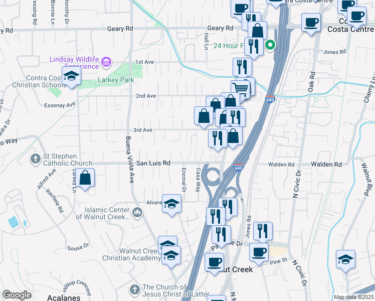map of restaurants, bars, coffee shops, grocery stores, and more near 1660 San Luis Road in Walnut Creek