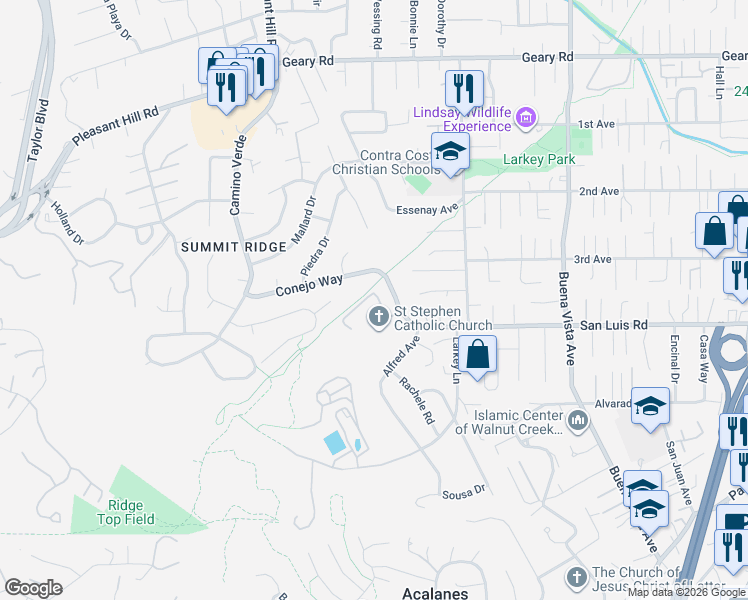 map of restaurants, bars, coffee shops, grocery stores, and more near 2183 San Luis Road in Walnut Creek