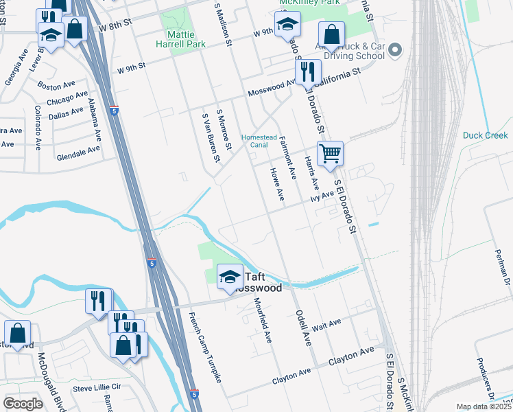 map of restaurants, bars, coffee shops, grocery stores, and more near 3009 Odell Avenue in Stockton