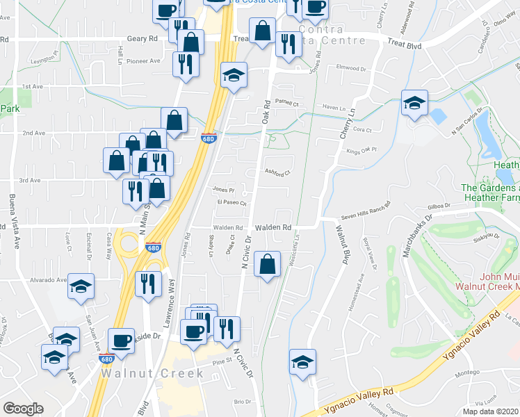 map of restaurants, bars, coffee shops, grocery stores, and more near 2550 Oak Road in Walnut Creek