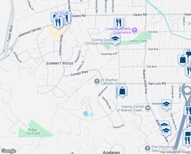 map of restaurants, bars, coffee shops, grocery stores, and more near 2183 San Luis Road in Walnut Creek