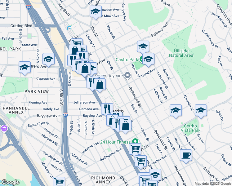 map of restaurants, bars, coffee shops, grocery stores, and more near in El Cerrito